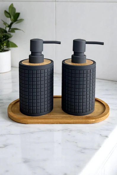 Tilbe Home 2li Retro Still Sıvı Sabunluk Seti 500ml Mutfak Banyo Kare Figürlü Hands Dishes Bambu Stantlı Set - 2