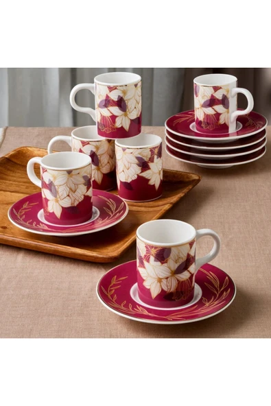 GÜRAL PORSELEN CAMELİA 12 PARÇA 6 KİŞİLİK KAHVE FİNCAN TAKIMI 67081 BORDO - Resim 2