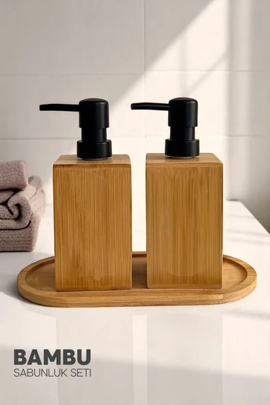 Tilbe Home 2li Kare Bambu Sabunluk Seti Hands Dishes Mutfak Banyo Sıvı Sabunluk 500ml Doğal Bambu Stantlı Set