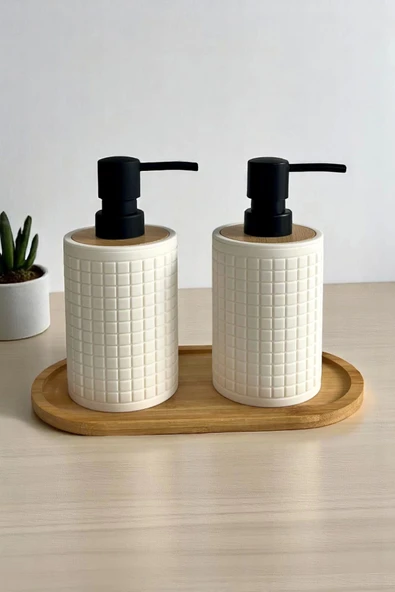 Tilbe Home 2li Retro Still Sıvı Sabunluk Seti 500ml Mutfak Banyo Hands Dishes Kare Figürlü Bambu Stantlı Set