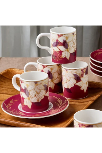 GÜRAL PORSELEN CAMELİA 12 PARÇA 6 KİŞİLİK KAHVE FİNCAN TAKIMI 67081 BORDO ürün görseli