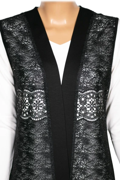 Hesna Kadın Sofya Önü Dantel Basen Altı Penye Siyah Yelek - 2