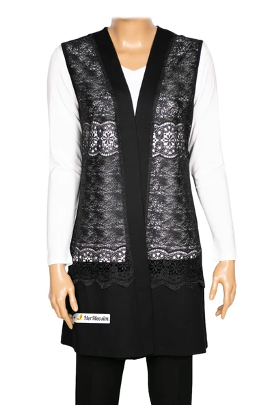 Hesna Kadın Sofya Önü Dantel Basen Altı Penye Siyah Yelek