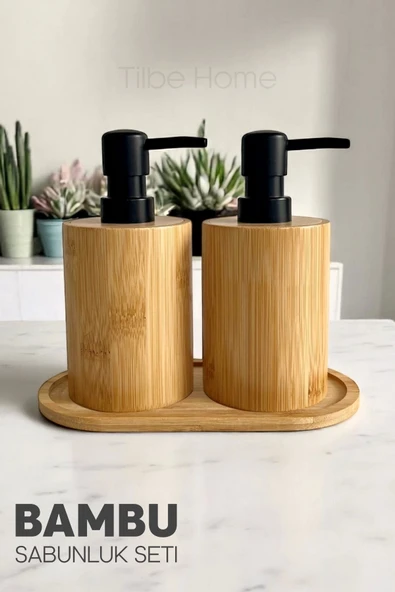 Tilbe Home 2li Bambu Sabunluk Seti Hands Dishes Mutfak Banyo Sıvı Sabunluk 500ml Doğal Bambu Stantlı Retro Set