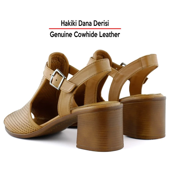 Erkan Saçmacı Elena Taba Hakiki Dana Derisi Delik Detaylı Kalın Topuklu Rahat Günlük Sandalet - 5