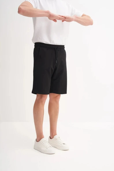 Cazador Slim Fit Dar Paça Likralı Örme Bermuda Şort 6082 Siyah