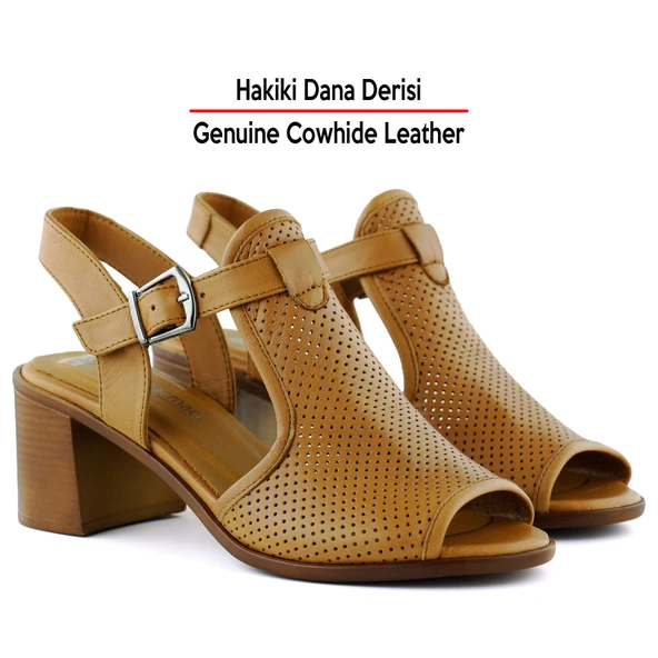 Erkan Saçmacı Elena Taba Hakiki Dana Derisi Delik Detaylı Kalın Topuklu Rahat Günlük Sandalet - 3