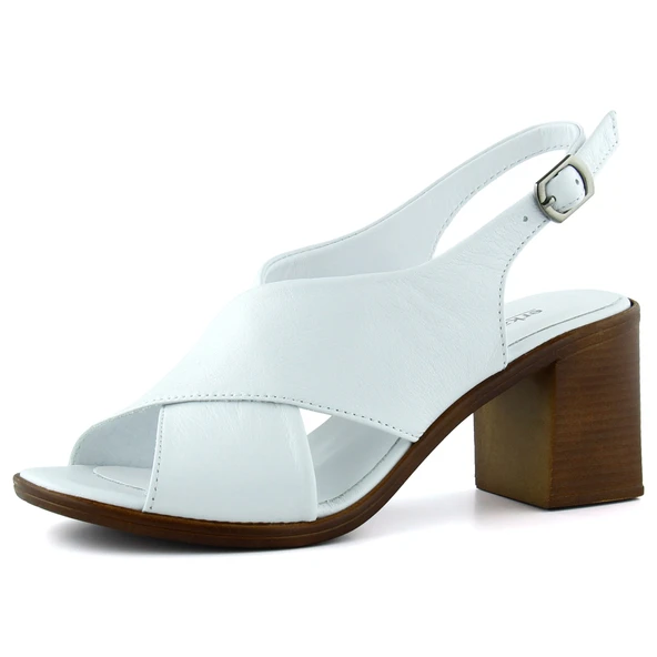 Erkan Saçmacı Soleil Beyaz Hakiki Dana Derisi Çapraz Bantlı Kalın Topuklu Rahat Günlük Sandalet