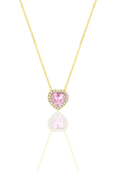 Gümüş Altın Yaldızlı Pırlanta Modeli Pembe Zirkon Taşlı Kalp Kolye SGTL12394GOLD