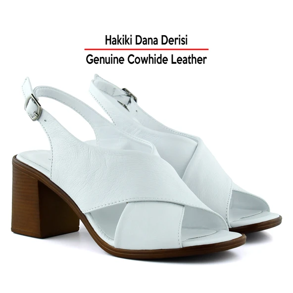 Erkan Saçmacı Soleil Beyaz Hakiki Dana Derisi Çapraz Bantlı Kalın Topuklu Rahat Günlük Sandalet - 3