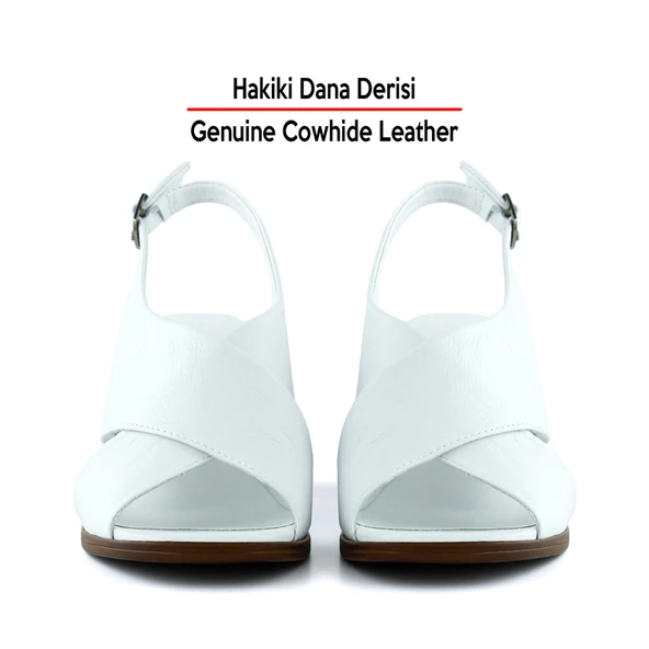 Erkan Saçmacı Soleil Beyaz Hakiki Dana Derisi Çapraz Bantlı Kalın Topuklu Rahat Günlük Sandalet - 4
