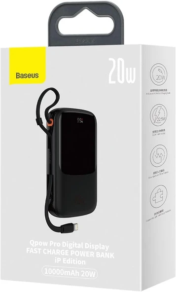 Baseus Q Pow Pro Overseas Edition 10.000 Mah Lcd Display 20W Powerbank (Lightning Kablolu), Siyah - Resim 3