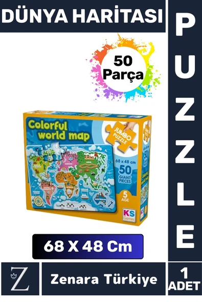 Eğlenceli Eğitici Görsel Algı Problem Çözme Becerisi Çocuk Büyük Boy PUZZLE 50 Parça DÜNYA HARİTASI