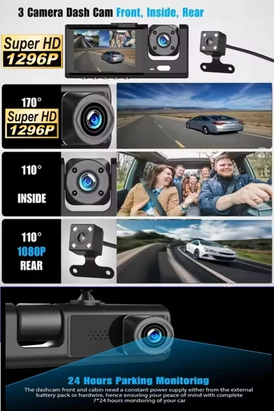 Araç Wi-fi Güvenli Sürüş Kamerası SHD Ön İç Arka 3 Kameralı G-sensör Mobil Uygulama İle Kolay İzleme - 5