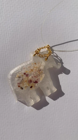 Sedefli Beyaz Renkli Deniz Kabuk Süslemeli Fil Şekilli Yunuslu Gold Aksesuarlı Misinalı Epoksi Kolye - 7