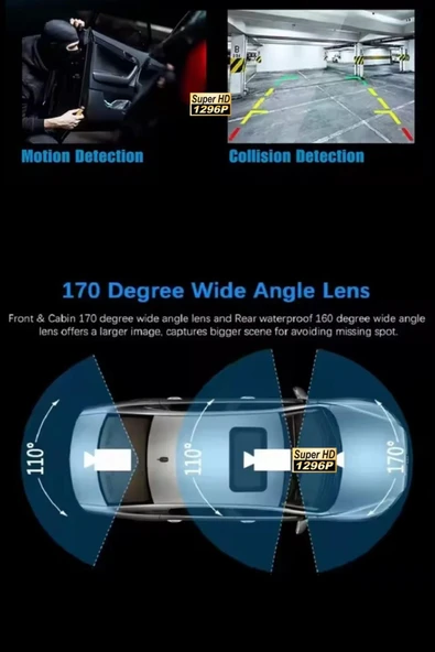 Araç Wi-fi Güvenli Sürüş Kamerası SHD Ön İç Arka 3 Kameralı G-sensör Mobil Uygulama İle Kolay İzleme - 6