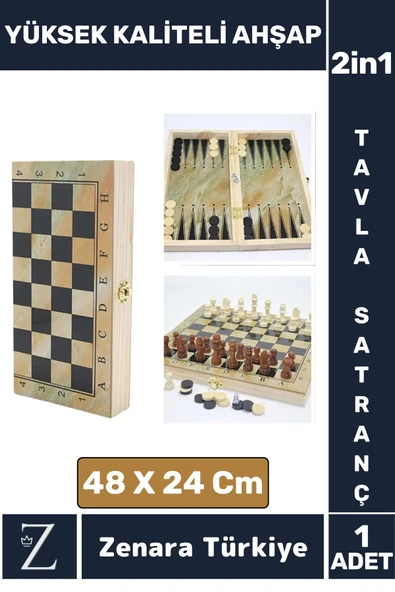 Premium Yüksek Kaliteli Ahşap Arkadaş Oyun Hediyelik Ahşap Tavla Satranç 2 in 1 Oyun Seti 48 X 24 Cm