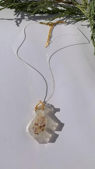 Sedefli Beyaz Renkli Deniz Kabuk Süslemeli Fil Şekilli Yunuslu Gold Aksesuarlı Misinalı Epoksi Kolye - 5