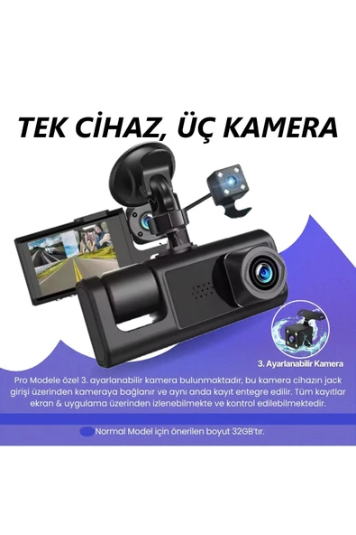 Araç Wi-fi Güvenli Sürüş Kamerası SHD Ön İç Arka 3 Kameralı G-sensör Mobil Uygulama İle Kolay İzleme - 4