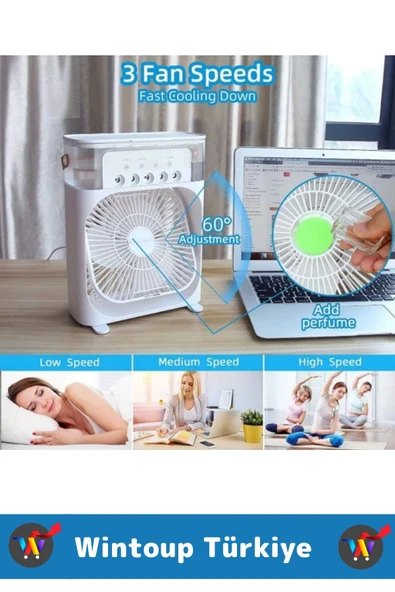 Kompakt Sessiz Çalışma 3 Kademeli RGB Aydınlatma Nemlendirici Özellikli Ev Ofis Mini Vantilatör FAN - 5