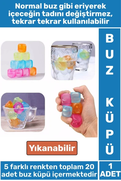 Yıkanabilir Tekrar Kullanılabilir Buzluk Banyo Havuz Kokteyl Serinlik Pratik Renkli Buz Küpü 20Adet ürün görseli 1