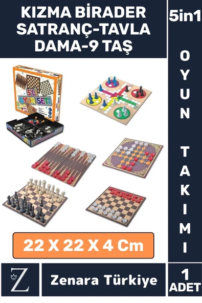 Elit Model Eğitici Eğlenceli Çocuk Yetişkin Kızma Birader Satranç Tavla Dama 9 Taş 5 in 1 OYUN SETİ ürün görseli