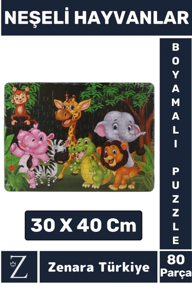 Eğlenceli Eğitici Görsel Algı Motor Becerisi Geliştiren Çocuk Boyamalı PUZZLE 80 Pr NEŞELİ HAYVANLAR ürün görseli