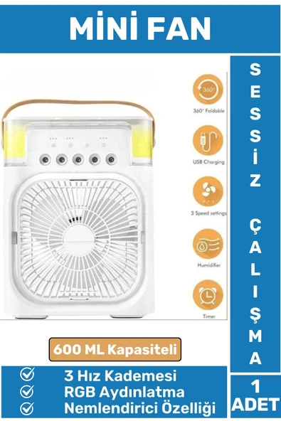 Kompakt Sessiz Çalışma 3 Kademeli RGB Aydınlatma Nemlendirici Özellikli Ev Ofis Mini Vantilatör FAN