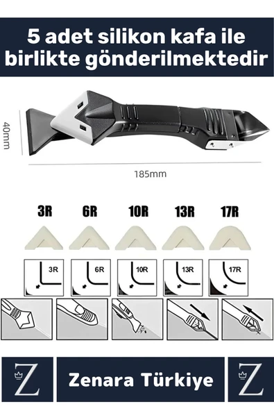 Premium Yüksek Kalite Kompakt 3 in 1 Fayans Derz Silikon Kazıyıcı Uygulayıcı 5 Silikon Başlık Hediye - 3