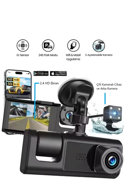 Araç Wi-fi Güvenli Sürüş Kamerası SHD Ön İç Arka 3 Kameralı G-sensör Mobil Uygulama İle Kolay İzleme - 2