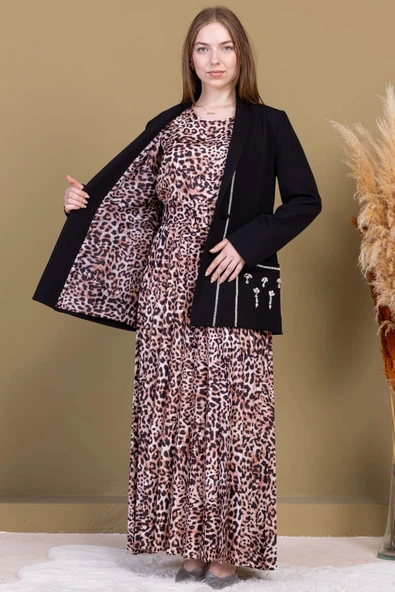 Leopar Desenli Ceketli Üçlü Takım 4715-Siyah - 4