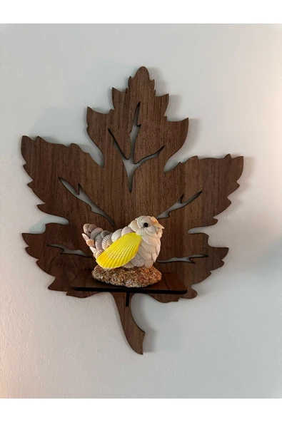 3’lü Ahşap Duvar Süsü Rafı - Yaprak Mumluk ve Dekoratif Aplik Seti - 2