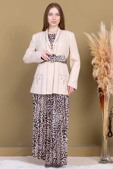Leopar Desenli Ceketli Üçlü Takım 4715-Bej - 3
