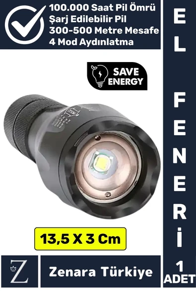 Kamp Avcı Güvenlik Balıkçı Deprem Enerji Tasarruflu 4 Mod Zoomlu Güçlü Beyaz Işık Şarjlı EL FENERİ