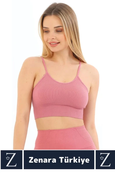 Premium Göğüs Toparlayan Sarkma Önleyen Gündelik Spor Kullanım İnce Askı Pedli Çizgili Crop Büstiyer - 2