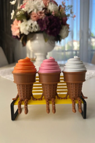 3'lü Renkli Dondurma Külahı Dekoratif Figür Seti - Sevimli Bacaklı Masaüstü Süs - 3