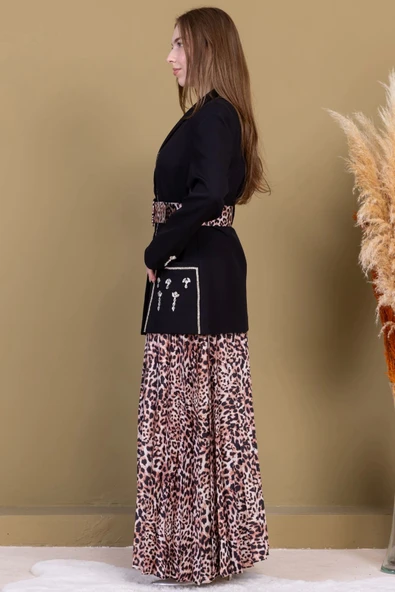 Leopar Desenli Ceketli Üçlü Takım 4715-Siyah - 7
