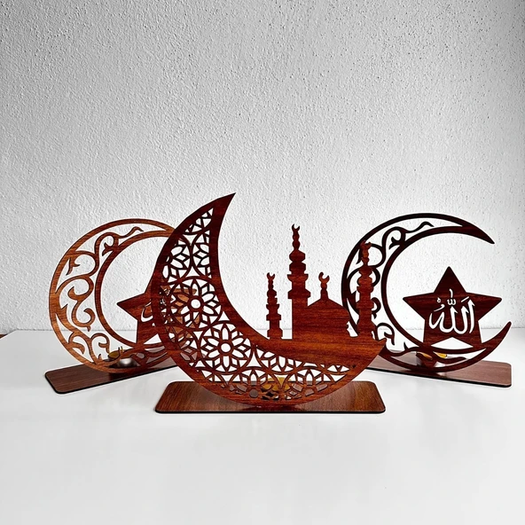 3'lü Dekor Tealight Mumluk Kahverengi Ramazan Ayına Özel