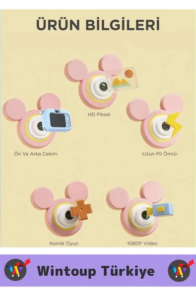 Premium 1080p HD Video Kayıt Ön Arka Çekim Filtre 5 Oyun Mini Çocuk Kamera Dijital Fotoğraf Makinesi - 7