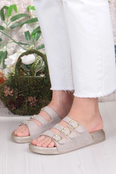 Fort 100403 Pienn Anatomik Esnek Rahat Simli Baskılı Üç Tokalı Kadın Terlik - Resim 7