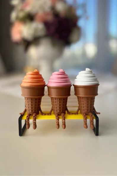 3'lü Renkli Dondurma Külahı Dekoratif Figür Seti - Sevimli Bacaklı Masaüstü Süs