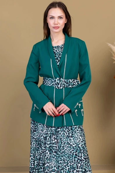 Leopar Desenli Ceketli Üçlü Takım 4715-Zümrüt Yeşili - 2