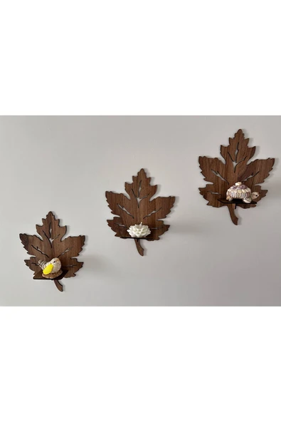 3’lü Ahşap Duvar Süsü Rafı - Yaprak Mumluk ve Dekoratif Aplik Seti
