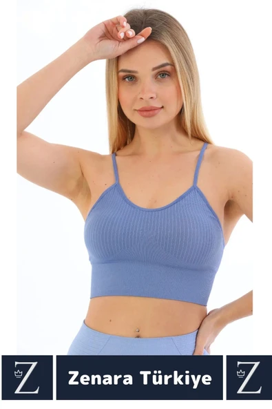 Premium Göğüs Toparlayan Sarkma Önleyen Gündelik Spor Kullanım İnce Askı Pedli Çizgili Crop Büstiyer - 2