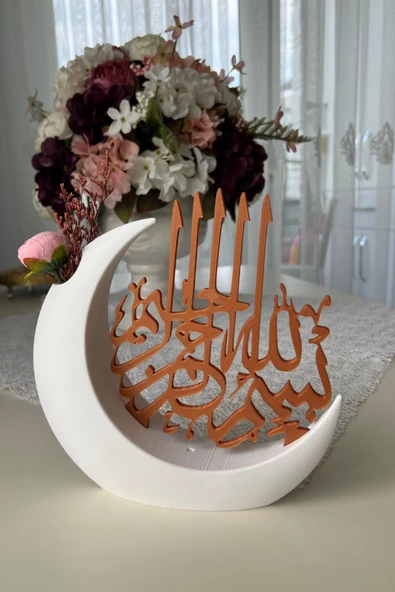 Bismillah Yazılı Hilal Mini Vazosu | Çiçek Bölmeli İslami Ev Dekoru - 3
