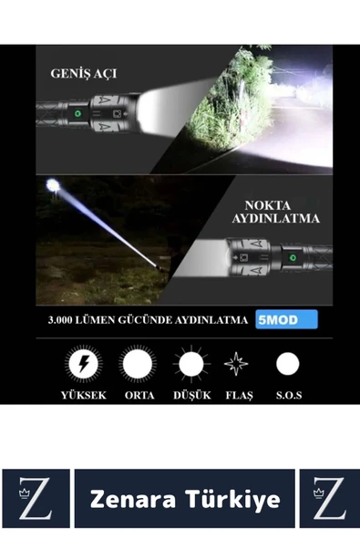 Premium Kamp Avcı Balıkçı Güvenlik Deprem 5 Modlu 3000 Lümen Güçlü Beyaz Işık Şarjlı El Feneri - 4