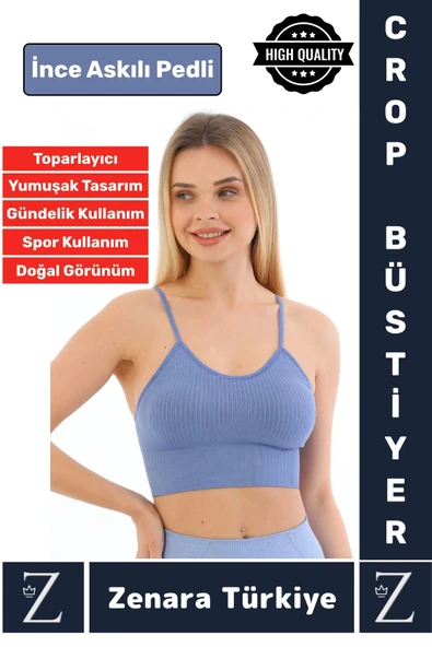 Premium Göğüs Toparlayan Sarkma Önleyen Gündelik Spor Kullanım İnce Askı Pedli Çizgili Crop Büstiyer