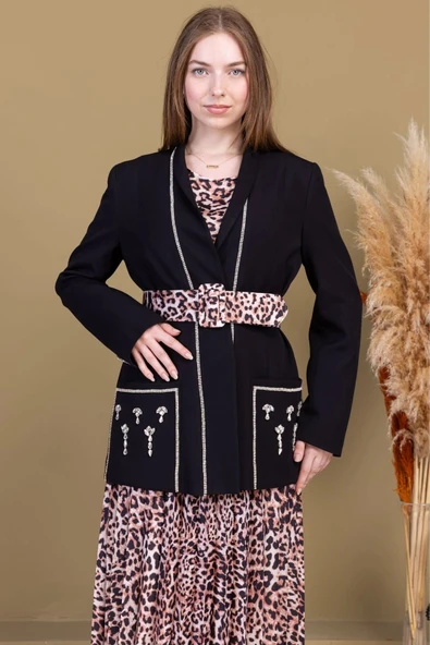 Leopar Desenli Ceketli Üçlü Takım 4715-Siyah - 5