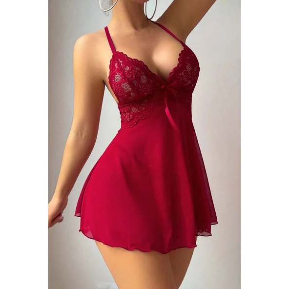 Lucky Life Kırmızı A Kalıp Dantel Detaylı Mini Gecelik - 4