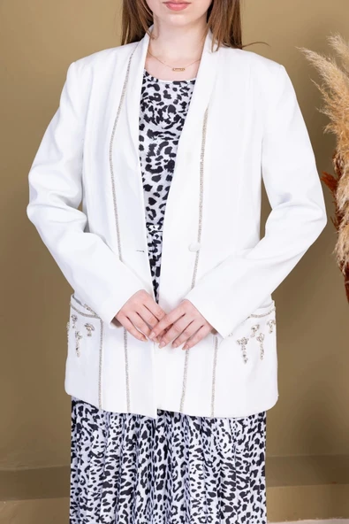 Leopar Desenli Ceketli Üçlü Takım 4715-Beyaz - 5